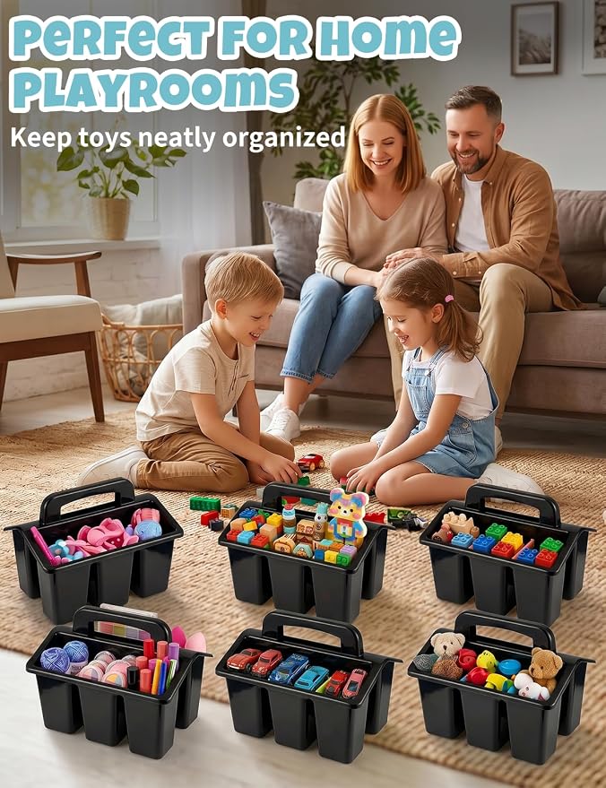6 Pack Classroom Caddy Organizer with Handle, Table Caddy Classroom | 4 Compartments, 9×6.3×6.7 inches, Thick Durable PP Plastic, Built-in Handle, Stackable Design, for Classroom Desk Office Home