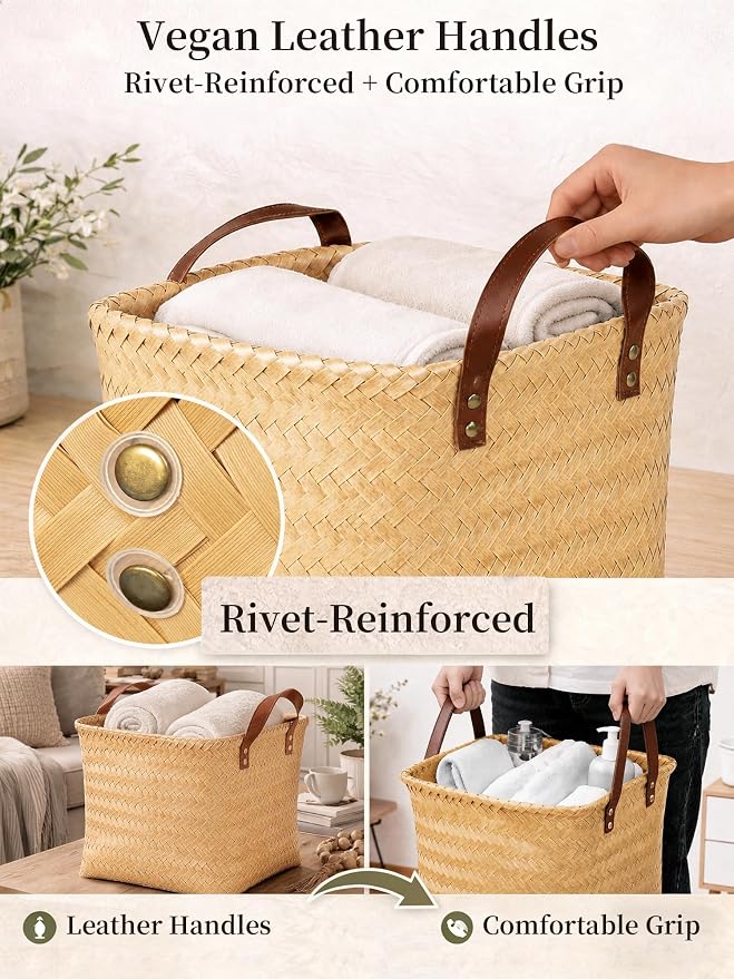 Hand Woven Baskets for Storage, 4Pcs Water-Resistant Wicker Baskets, Yellow Wicker Storage Baskets for Shelves, Large Basket with Handle for Organizing, Clothes, Laundry, Blanket - Square