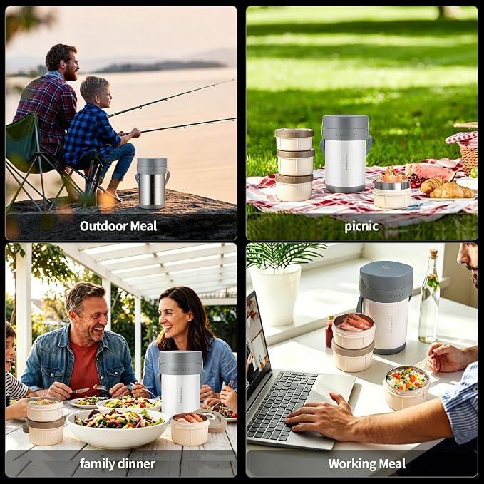GOLDEN KEY 74 oz Stainless Steel Wide Mouth Large Food Thermo Hot Food Jar | 3 Tier Vacuum Insulated Stackable Hot Food Containers with Keep Thermal Portable,Hot & Cold Food Insulated Food Jars(Silver)