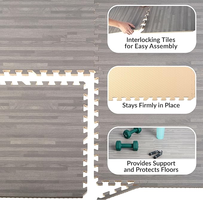Foam Floor Tiles - 24sqft Wood Grain Interlocking Foam Tiles with Border - Soft Play Mat Playroom or Gym Flooring for Home Gym by Stalwart (Gray)