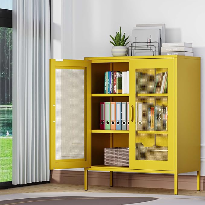 Washsemba Metal Storage Cabinet with Mesh Doors,Steel Display Cabinet with Adjustable Shelves,Metal Office Storage Locker for Home Office,Garage(Yellow, 40''H)