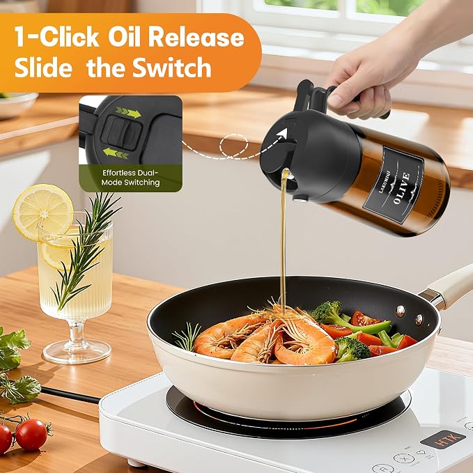 Olive Oil Sprayer & Dispenser for Cooking, 16oz Dark Glass Oil Mister, 2PC | 2-in-1 Oil Sprayer & Pourer, Fine mist, Light-Blocking, Wide Mouth for Easy Refill & Clean, 8 Oil Labels, Reusable
