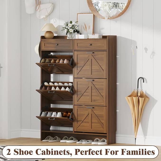 Thacuok Shoe Cabinet with 6 Flip Drawers & 2 Storage Drawers, Rustic Farmhouse Narrow Shoe Organizer Cabinet, Slim Shoe Rack Cabinet, Shoe Storage Cabinet for Entryway, Hallway, Front Door