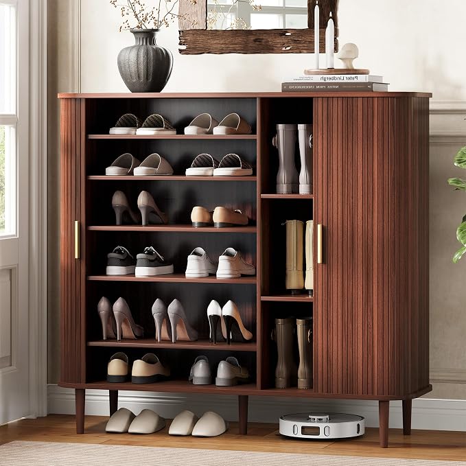 DHH Shoe Storage Cabinet with Sliding Door, 6-Tier Shoe Cabinet with Adjustable Shelves, Modern Freestanding Shoe Storage Organizer for Entryway, Hallway, Living Room (Walnut, 47 ")