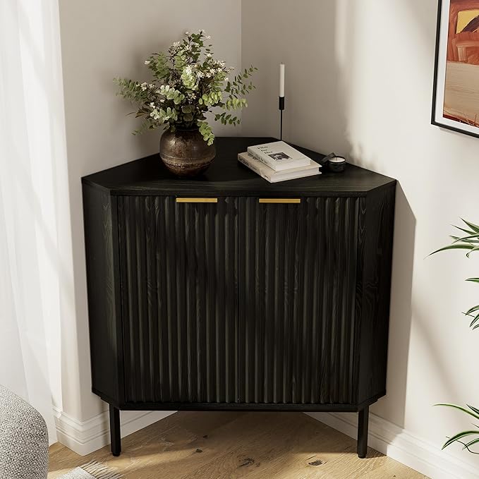 Modern Fluted Corner Cabinet, Small Floor Storage Cabinet with Adjustable Shelf & Metal Legs, Wooden Freestanding Narrow Organizer for Living Room Kitchen, Black