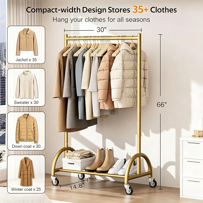MISSLO Heavy Duty Clothing Rack with Wheels Rolling Clothes Racks for Hanging Clothes, Coats, Garment, Dress, Gold, 30" W
