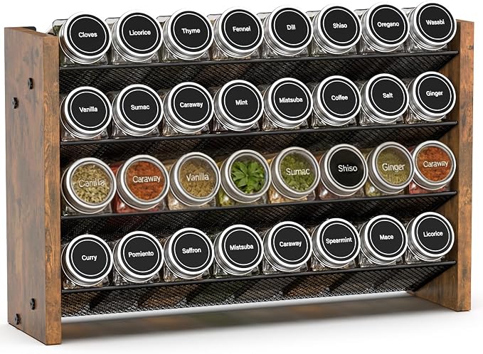 NESAPTO Spice Rack Organizer for Cabinet, Wood 4-Tier Vertical Seasoning Organizer, Wall Mount or Countertop Spice Shelf, Holds 32 Jars (No Jars Included), 15.7" W x 10.3" H