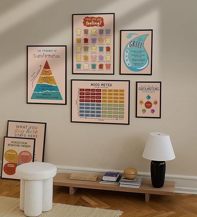 LOLUIS Mental Health Poster, Boho Therapy Tools Educational Supplies Art Print Classroom School Office Decor (Feelings Mood, Custom Frame Type)