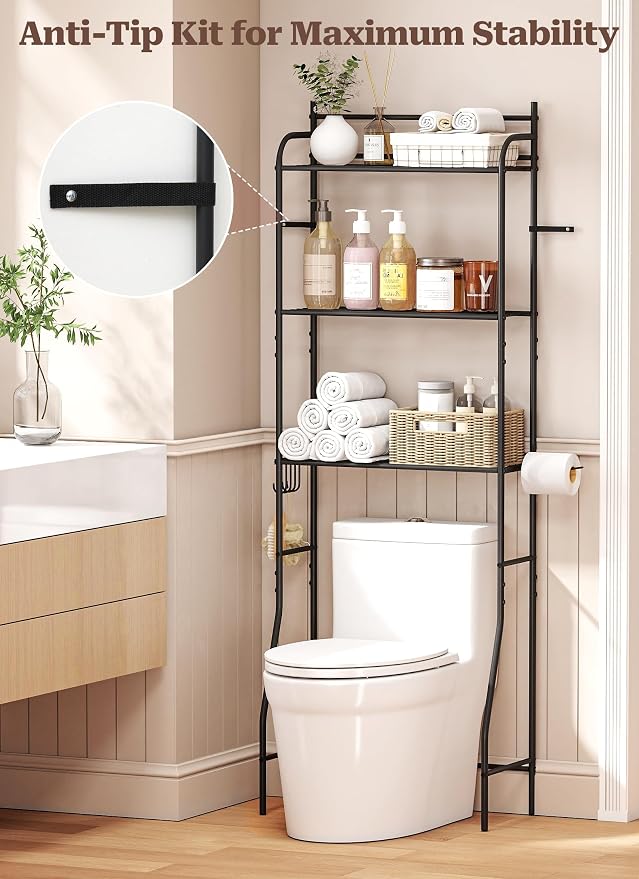 3-Tier Over The Toilet Storage, Bathroom Organizer, Space-Saving, Above Toilet Storage Rack with 4 Hooks and Paper Holder, Metal Shelf, Black