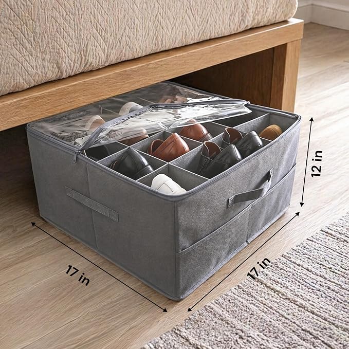 Shoe Organizer for Closet, 16 Compartment Foldable Storage Box with Lids | Milentii 2-Pack Foldable Shoe Organizer with Box Bin, Adjustable Dividers & Clear Cover Closet Storage Fit 16-32 Pairs, Grey