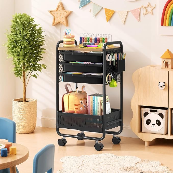 Metal Rolling Storage Cart with 3 Drawers - Utility Cart on Wheels with Pegboard & Wood Tabletop, Multifunctional Trolley Organizer with Hooks & Bin for Living Room,Bedroom,Craft Room,Office,Kids Room