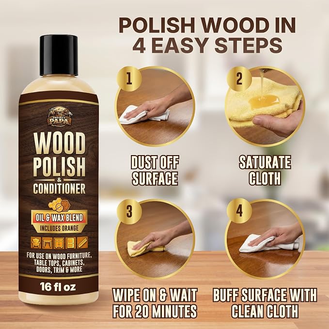 Natural Wood Polish & Conditioner with Orange Oil 16 fl oz - Beeswax Furniture Polish and Cleaner, Oil & Wax Blend for Furniture, Cabinets, Tables, Doors & Trim, Enhances Color & Grain, Wood Care