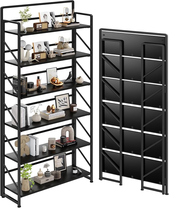 JSB 6 Tier No Assembly Folding Bookshelf, 30.3" Wide Foldable Storage Bookcase for Home Office, Space-Saving Storage Shelf for Living Room (Black)