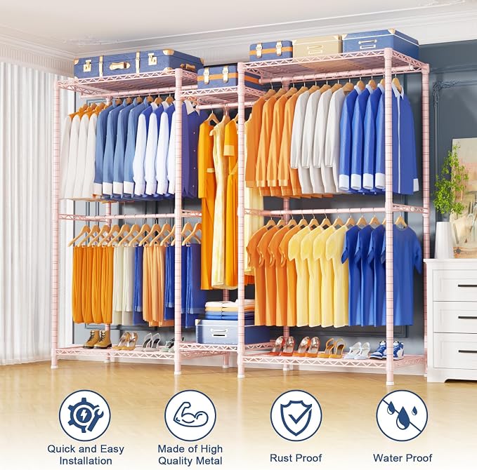 Ulif E12 Pro Clothes Rack，Heavy Duty Freestanding Garment Rack with Shelves，Metal Clothing Closet Storage System for Hanging Clothes，71" W x 16" D x 76.5" H, Hold 960 lbs，Pink