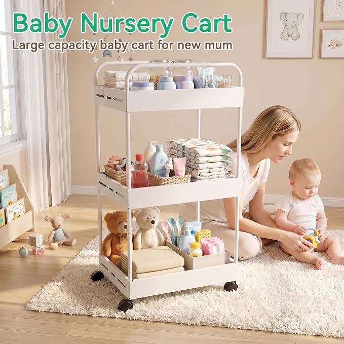 3 Tier Expandable Rolling Storage Cart, Rolling Utility Cart with Wheels | Expandable Adjustable Width, Sturdy Metal Frame, Silent 360° Wheels, Storage for Bathroom, Kitchen, Laundry & Living room