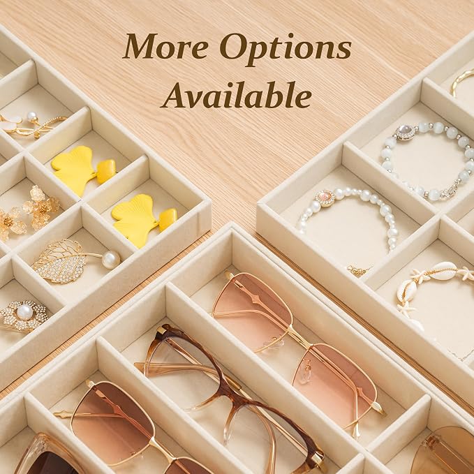 pickpiff Drawer Sunglass Organizer & Display Tray: 1 Pcs 8 Grids Velvet Scratch-Free Eyeglasses Case (13.8x9.4x1.6inch) - Soft Beige Glasses Storage Holder Box for Men & Women