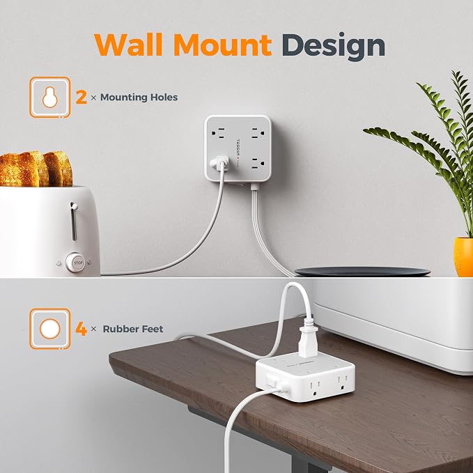 TESSAN Surge Protector Power Strip, 15 Ft Flat Plug Extension Cord with 3 USB (1 USB C 20W PD) 8 Outlets, 900J Protection, 3 Sided Outlet Extender with Power Switch for Office, Dorm Room, Grey