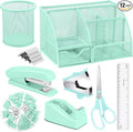 auroray Green Desk Organizers and Accessories, Teal Office Supplies Set Green Mesh Desk Organizer, Stapler, Tape Dispenser, 1000 Staples, Staple Remover, Pen Holder, Clips Set, Ruler, Scissors