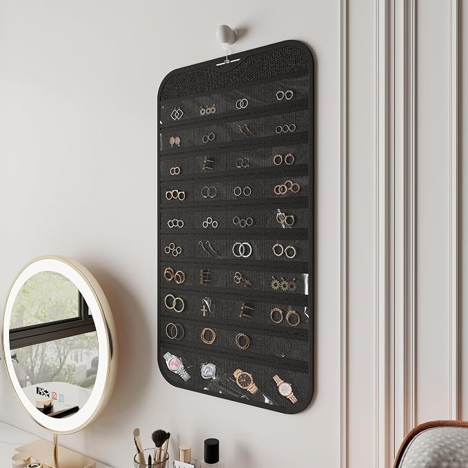 Hanging Jewelry Organizer, 80-Pocket Double-Sided Storage, 2-Pack, Black and Beige