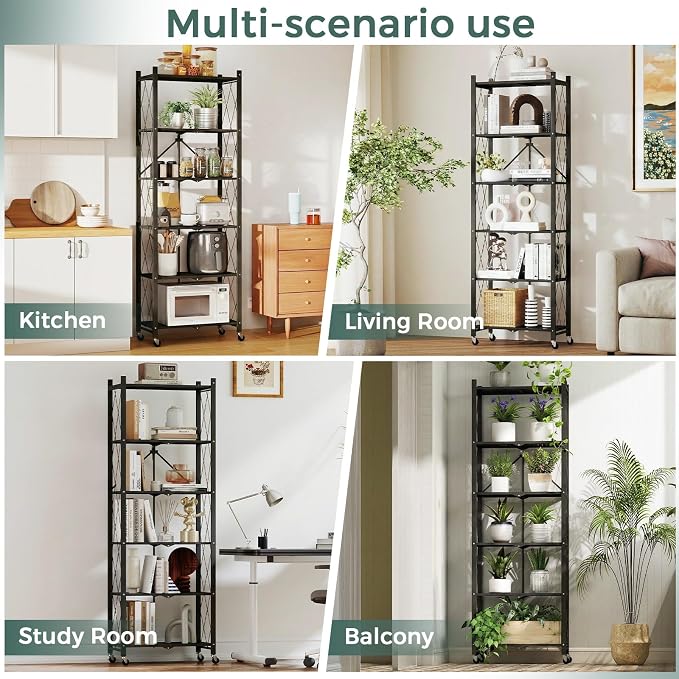DEANIC 6-Shelf Folding Bookcase with Wheels, Heavy Duty Storage Shelves, Freestanding Metal Wire Shelving Unit for Living Room, Office, Kitchen, Basement, Pantry (Black)