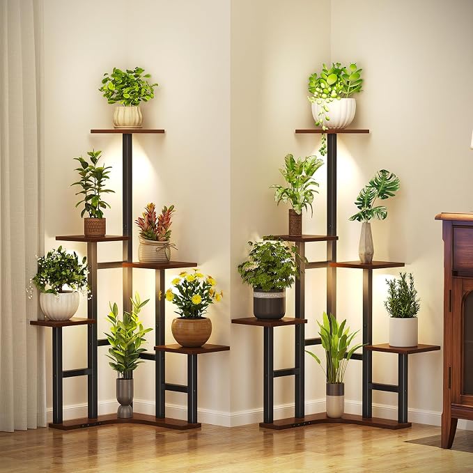 Yzosvki Corner Plant Stand Indoor with Grow Lights Set of 2, 6 Tiered Corner Plant Shelf Flower Stand for Multiple Plants, Plant Shelves Organizer Rack, Square Rustic Brown