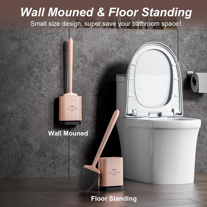 Sellemer Silicone Toilet Brush, Ventilation Slots Holder 1 Pack, Rose Gold | Flexible Bristles Flat Head for Rim, Hair Tangle-Free, Easy to Clean, Compact Design, Rustproof Handle, for Toilet/Sink/Tub