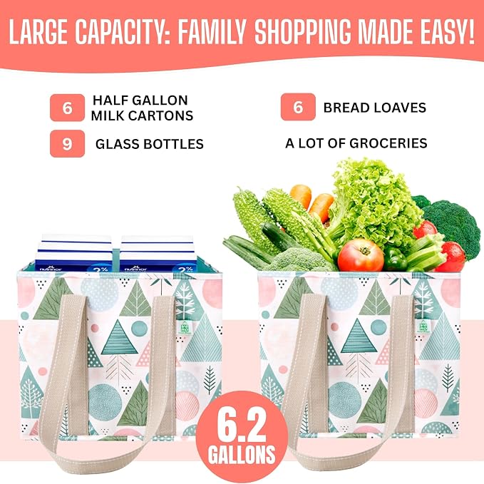 VENO 3 Pack Reusable Grocery Bags, Shopping Bags for Groceries, Tote with Handles and Hard Bottom, Foldable Shopping Cart Organizer, Water Resistant, Heavy-Duty (Pastel Forest, 6 Gallon)
