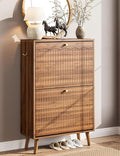 Nicetree Shoe Storage Cabinet for Entryway, 9.5inch Slim Shoe Rack with 2 Flip Drawers, Mid-Century Modern Walnut Shoe Cabinet Storage, Narrow Shoe Organizer with Adjustable Shelves for Small Spaces