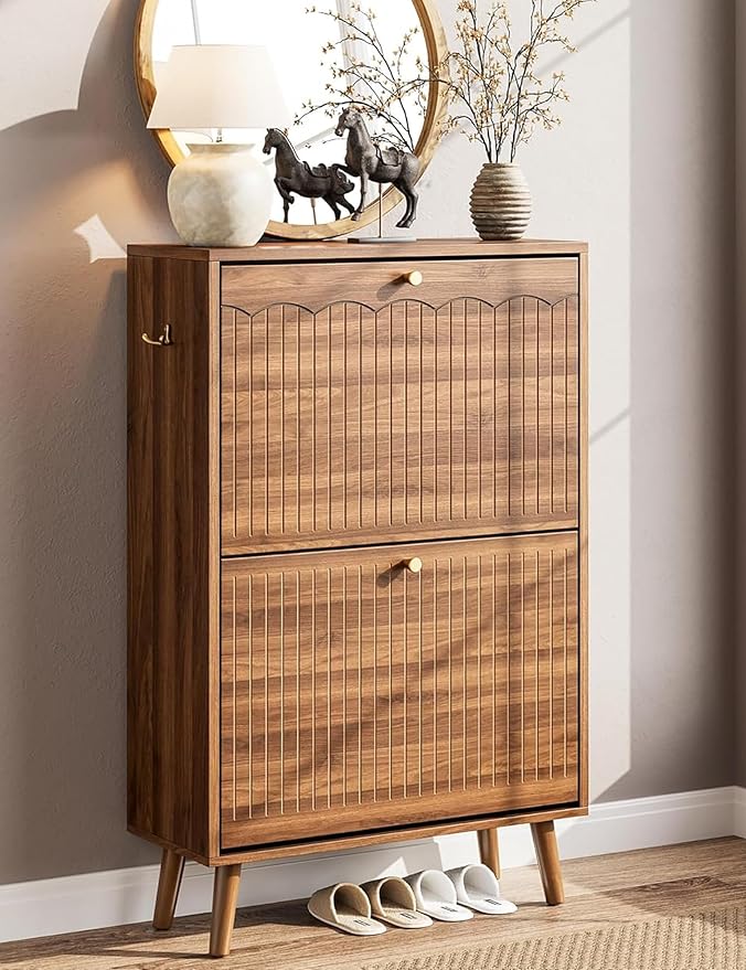 Nicetree Shoe Storage Cabinet for Entryway, 9.5inch Slim Shoe Rack with 2 Flip Drawers, Mid-Century Modern Walnut Shoe Cabinet Storage, Narrow Shoe Organizer with Adjustable Shelves for Small Spaces