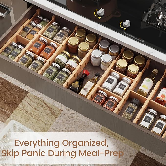 Bamboo Drawer Dividers 8 Pack with Inserts, Kitchen Adjustable Drawer Organizers for Home, Bedroom, Dresser, Expandable Organization 8 Dividers with 16 Inserts
