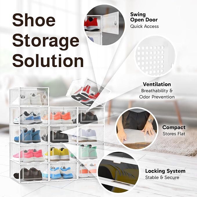 Reli. Shoe Boxes (14 Pack) | Clear Shoe Storage Boxes Stackable and Compact | Lightweight Plastic Storage Box with Ventilation Holes, Swing Door | Interlocking Containers, Stackable Rack | White