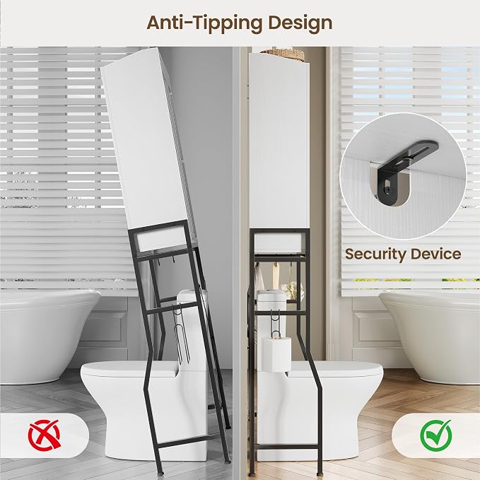 Memobarco Over The Toilet Storage Cabinet with 2-Door & Metal Stand, White | Toilet Paper Holder, 3 Extra Hooks, Anti-Tipping Device, With Adjustable Shelves, for Bathroom, Restroom, Laundry
