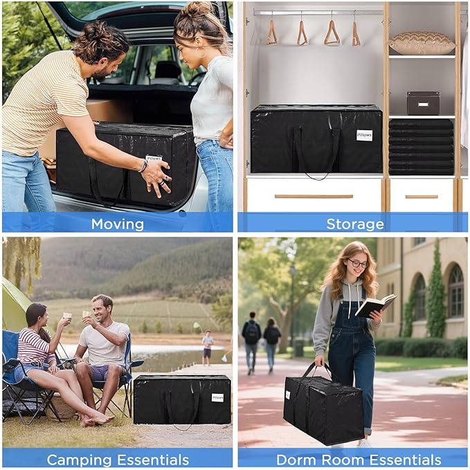 Extra Large Moving Bags Heavy Duty Storage Bags with Zipper Handles, BETU 16 Pack Clothes Storage Totes Bins Packing Moving Boxes, Moving Supplies for College Dorm Essentials, Space Saving, Black