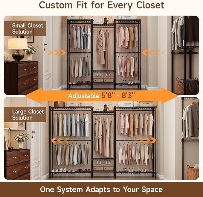 S3 Expandable Heavy Duty Clothes Rack, Freestanding Closet Organizer System | 5'8" to 8'3" Max Load 1200LBS Metal Garment Rack Portable Closet System with 4 Extendable Shelves & 4 Telescopic Rods Black