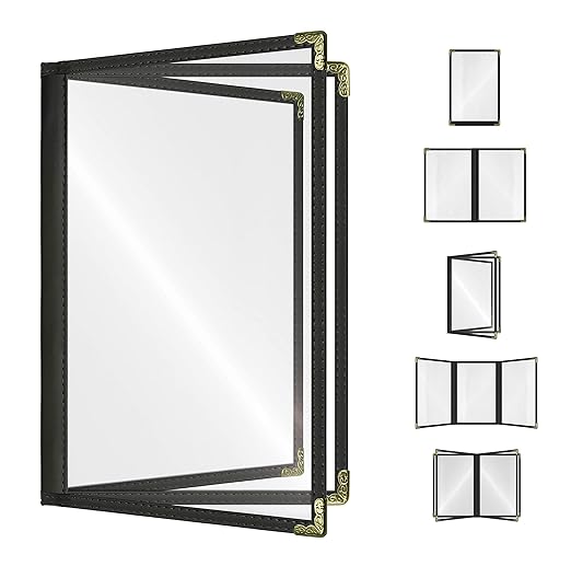Goodsmart Restaurant Menu Covers - 25 Pack Black 8.5" x 11", 3-Page/6-View, Side-Loading Vinyl Menu Holders, Clear Sleeves, Double-Stitched Edge, Leather-Style Café Covers with Gold Corners