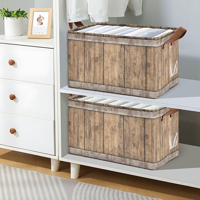Rust Light Brown Wood Grain Storage Basket Foldable Cube Storage Bins with Handles&Label Collapsible Organizer Box Bin Large Rectangle Decorative Baskets for Shelves Home Living Room Closet, 2 Pack