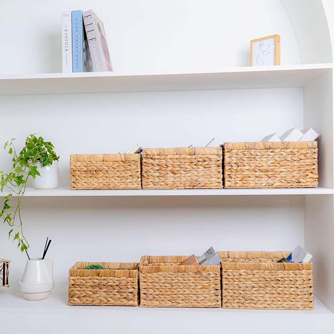 M4DECOR Set of 6 Water Hyacinth Storage Baskets – Wicker Storage Baskets for Shelves, Pantry Baskets for Organizing, Handwoven Wicker Baskets for Storage (Combo 2 Sets SML)