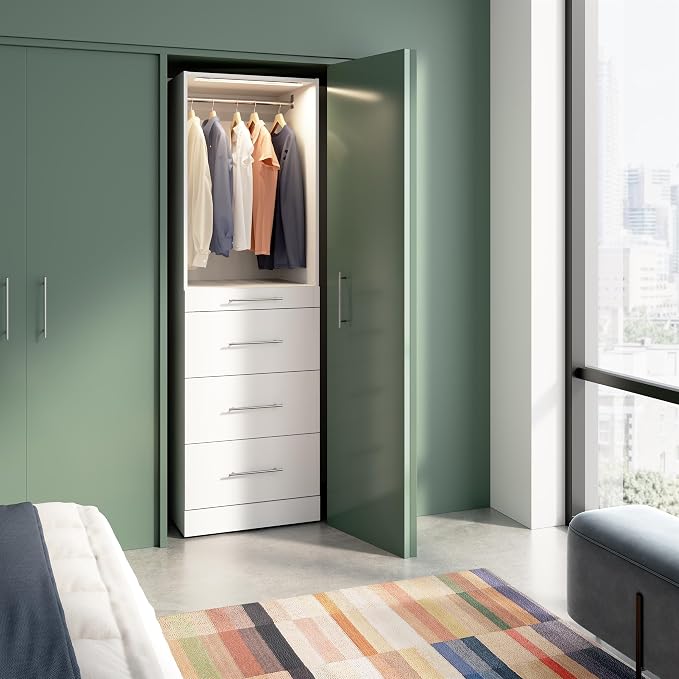 Bestar 25W x 25D Modular Closet Organizer System Tower, Reach-in Closet or Walk-in with LED Light, Shelves, and 4 Drawers, Slab Style, Florence Collection, White