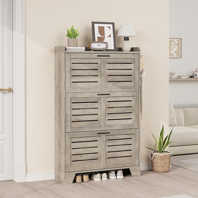 Garvee Shoe Storage Cabinet with 3 Flip Drawers, Freestanding Shoe Organizer Storage for Entryway with 2 Side Hooks, Farmhouse Hidden Slim Narrow Shoe Rack Cabinet, Gray