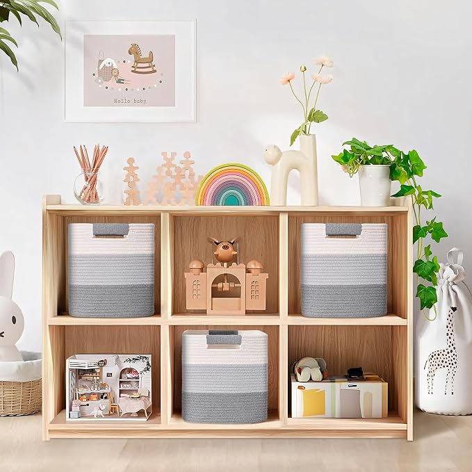 11 Inch Storage Cubes, 3 Pack Cube Storage Bins for Organizing, Cotton Rope Woven Baskets for Shelves, Bathroom, Kids Room, Closets, Baby Nursery