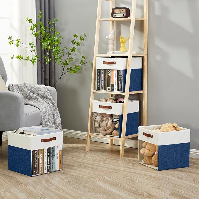 Bagnizer Storage Cubes, 4 Pack Linen Foldable Storage Bins with Clear Window and 2 Handles, 13x15x13 Storage Cube Bins for Shelf Closet, Kallax, Clothes, Books - (Navy Blue / Off-White)