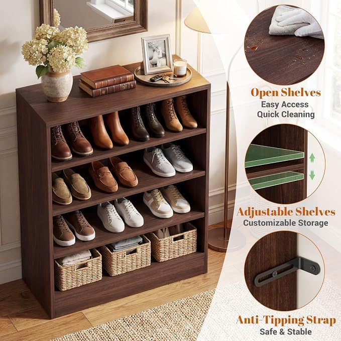 Homieasy Shoe Cabinet, 5-Tier Modern Wood Shoe Storage, Dark Walnut | Organizer with 3 Adjustable Shelves for Entryway, Multi-Purpose Display Shelf & Storage Cabinet for Living Room, Bedroom