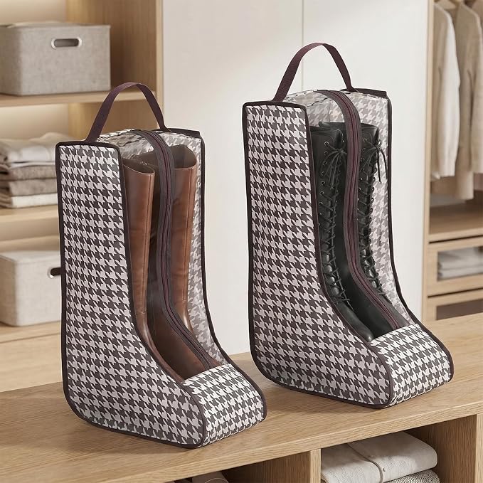 4 Pcs Boot Bags with Handles for Cowboy Boots Houndstooth Shoe Dust Proof | Boot Storage Organizer Tall Boots, Travel Shoes Organizer for Packing, Daily Use, Home Closet Organization