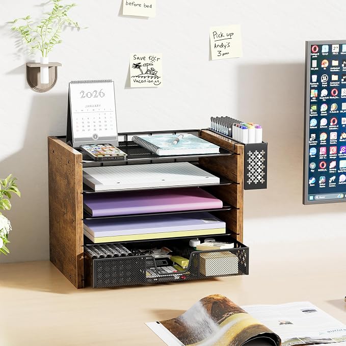 Simple Trending 5-Tier Wood Desk Organizer with Drawer & Pen Holder | 9"L x 12.75"W x 9.75"H. 4 trays + drawer + pen holder. Natural wood + metal. Fits letter-size. Easy assembly. 24h support.