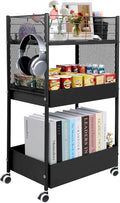 3 Tier Rolling Storage Cart Metal Utility Cart with Wheels | Office Organizer with Hooks & Hanging Cups, Mobile Shelving Unit for Kitchen Nursery Craft Snack Book