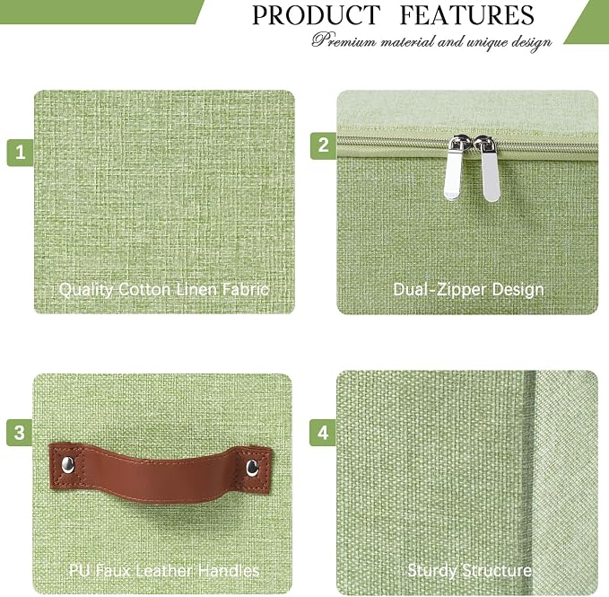 3 Pack Storage Bins with Zipper Lid Fabric Lidded Storage Boxes Baskets Cubes Washable Collapsible PU Leather Handle Cotton Linen Fabric Shelf Closet Organizer Container(Green, Small Size)
