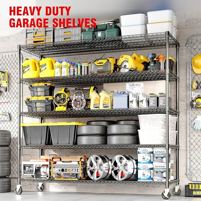 Garvee Storage Shelves, 5 Tier Metal Shelving Units with Wheels, 82" H x 59" W x 23.6" D, 3300 LBS Heavy Duty Wire Shelving Rolling Rack for Garage Kitchen Home Basement, Adjustable, Black
