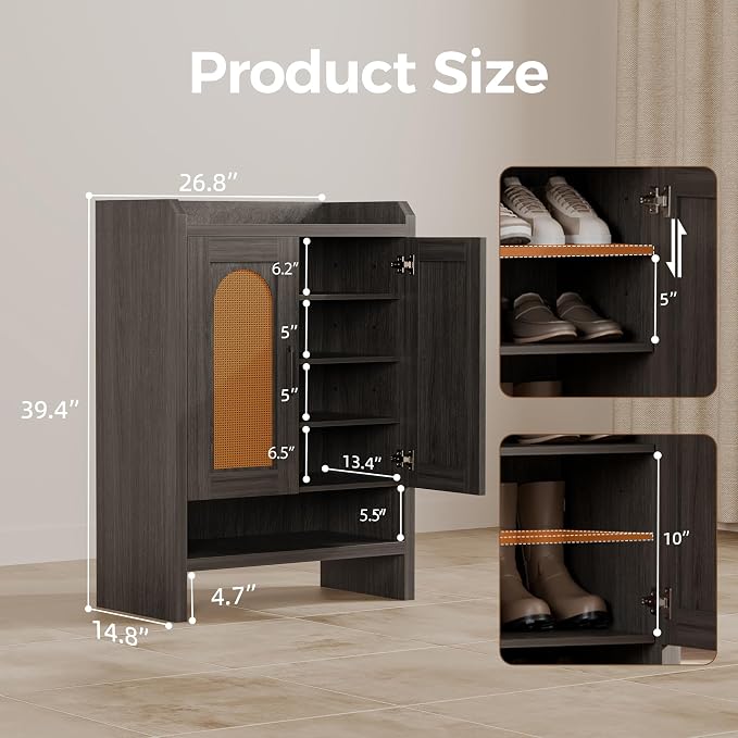 Mericonia 6-Tier Shoe Cabinet Storage for Entryway, Rattan Shoes Organizer Cabinets with Doors, Wooden Shoe Rack, Farmhouse Boho Wood Storage Cabinet (Black, 6-Tier)