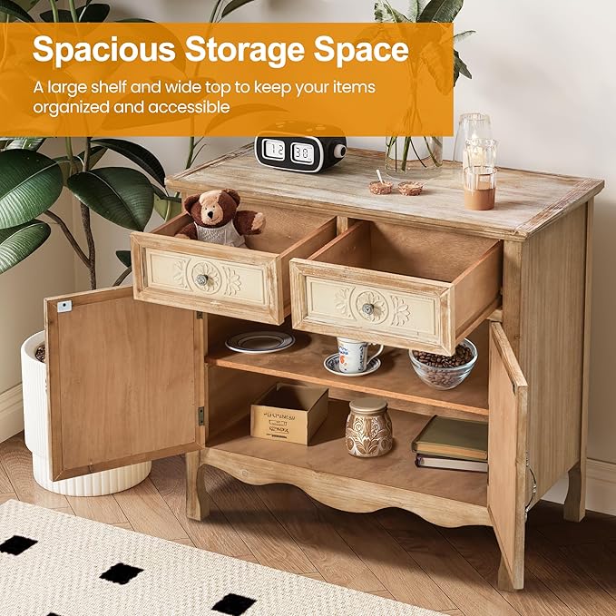RoyalCraft Vintage Sideboard Buffet, Accent Cabinet with 2 Carved Doors and 2 Drawers, French Country Cabinets for Dining Room, Kitchen, Living Room, Hallway (Natural2, 16''D x 30''W x 30''H)