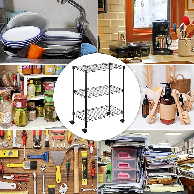 Wire Shelving 32" H x 23W x 13D Storage Shelf with Wheels Adjustable 3 Tier Metal Shelves Unit for Small Places Kitchen Storage Rack Shelf Organizer, 450Lbs Capacity, Black